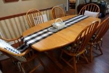 OAK DINING TABLE WITH 6 MATCHING WINDSOR STYLE CHAIRS 72 X 44 WITH LEAF