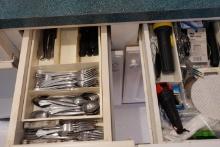 CONTENTS OF TWO DRAWER AND TWO CABINETS INCLUDING FLATWARE SERVING PCS AND
