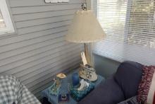 END TABLE WITH CONTENTS INCLUDING SAILBOAT LAMP AND MORE