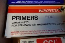BOX WITH LARGE PISTOL PRIMERS OR MAG PISTOL LOADS INCLUDING WINCHESTER AND