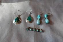 STERLING AND TURQUOISE EARRINGS AND PIN TOTAL WEIGHT .56 T OZ