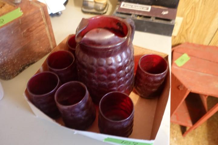 RUBY GLASS PITCHER WITH 6 GLASSES