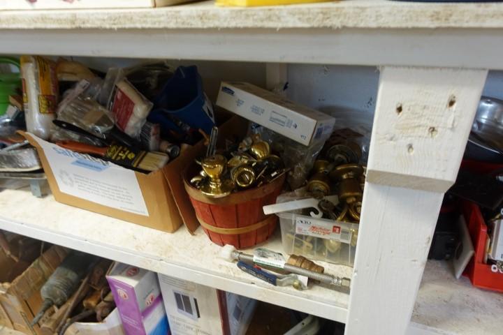 MIDDLE SHELF OF SHED INCLUDING TOOL BOXES VISES BATTERY CHARGER PAINTING SU