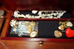 JEWELRY BOX FULL COSTUME JEWELRY INCLUDING RINGS EARRINGS NECKLACES AND PIN