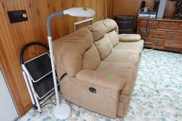 TAN RECLINING SOFA WITH READING LAMP