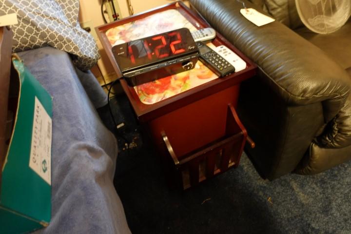 RECLINER WITH END TABLE AND MAGAZINE RACK AND DIGITAL CLOCK