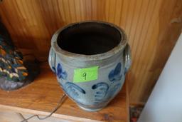 ANTIQUE SALT GLAZE CROCK WITH BLUE FERN FLOWERS DOUBLE EAR APPROX 12 INCH T