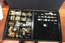 LARGE JEWELRY BOX OF COSTUME JEWELRY RINGS PINS NECKLACES AND EARRINGS