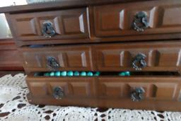 JEWELRY BOX WITH CONTENTS OF EARRINGS NECKLACES AND MORE