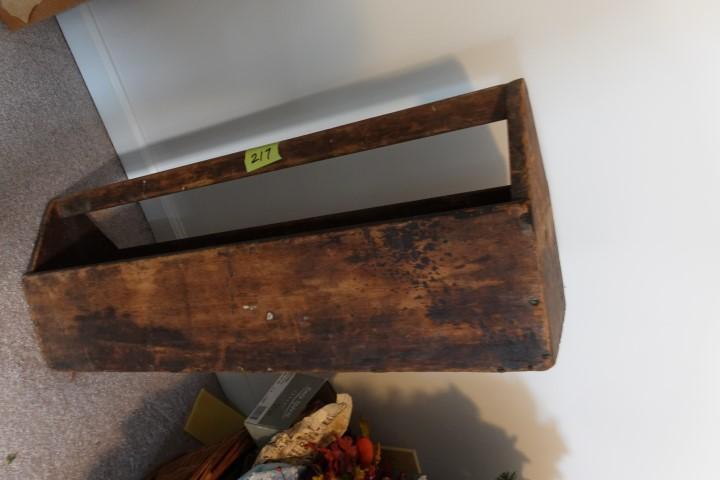 ANTIQUE WOODEN TOOL BOX APPROX 34 INCH LONG X 8 INCH ACROSS