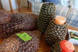 COLLECTION OF PINECONE DUCKS AND CANDLE HOLDERS