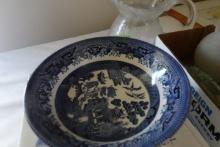 LOT INCLUDING SERVING PLATTERS BLUE AND WHITE CHINA ETCHED PITCHER WINE GLA