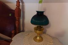 BRASS OIL LAMP WITH GREEN SHADE AND CHIMNEY