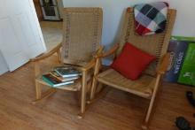 TWO ROPE BACK ROCKING CHAIRS WITH NATURAL FINISH AND FOLDING CHAIR