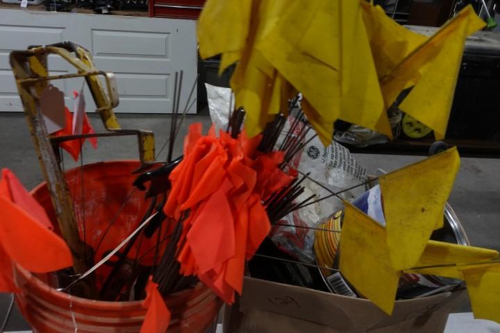 BUCKET LOT INCLUDING MARKER FLAGS CAULK GUNS HITCH PINS SCAFFOLDING PARTS