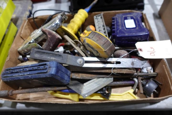 BOX LOT TOOLS INCLUDING CHISELS BITS STAPLERS CHALK LINE AND MORE