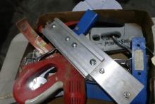 BOX LOT STAPLERS OPEN END WRENCHES BRAD NAILERS AND MISC ITEMS