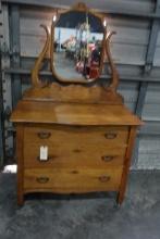 ANTIQUE OAK 3 DRAWER DRESSER WITH MIRROR AND CARVED FRAME