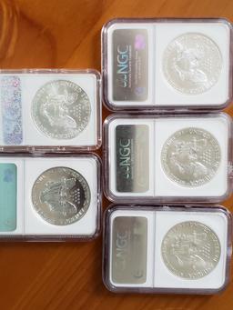 US Silver Eagle Lot of Five Coins All Graded