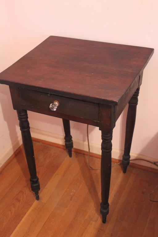 Antique 1-Drawer Table with Turned Legs, Glass