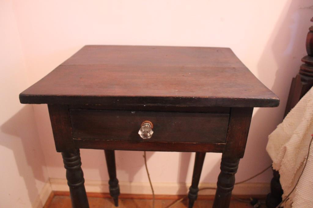 Antique 1-Drawer Table with Turned Legs, Glass