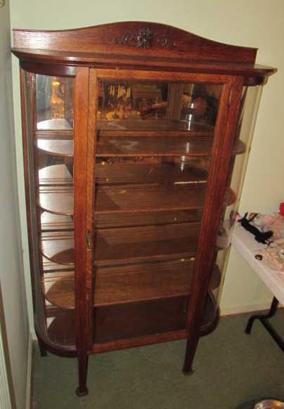 Antique Oak Curved Glass China Cabinet with