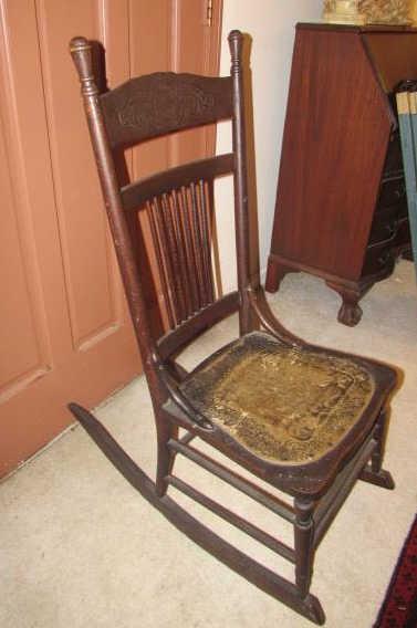 Antique Spindle Back Rocking Chair with Tooled