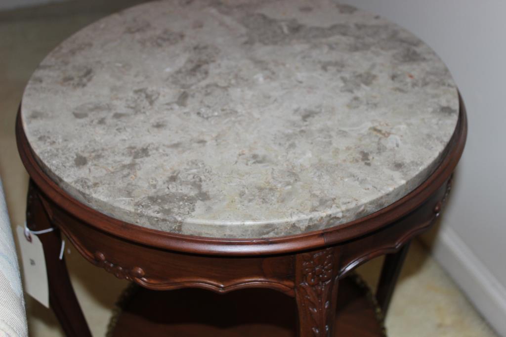 Round Marble Top Two-Tier End Table with Cabriole