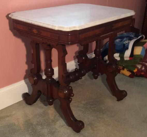 Eastlake Marble Top Table on Casters, Carved