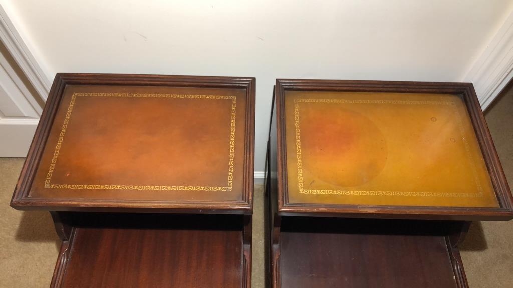 (2) Mahogany Step End Tables w/ Tooled Leather Top - Mid 20th Century - 17" x 27" x 23" each