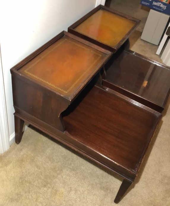 (2) Mahogany Step End Tables w/ Tooled Leather Top - Mid 20th Century - 17" x 27" x 23" each