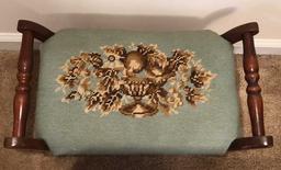 Vintage Wooden Foot Stool with Needlepoint Top--