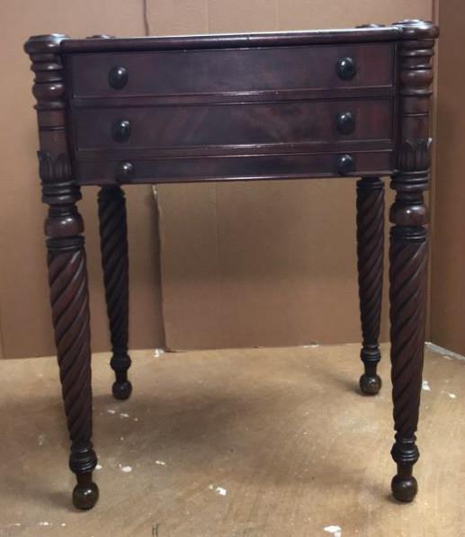 Antique American Massachusetts Mahogany 3-Drawer Table with Barley