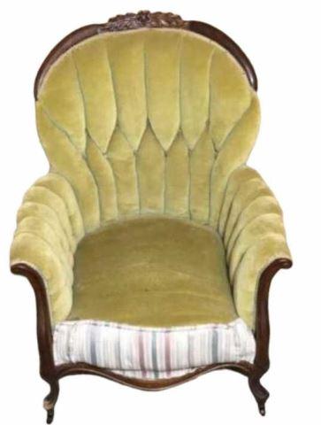 Victorian Upholstered Arm Chair with Walnut Carved