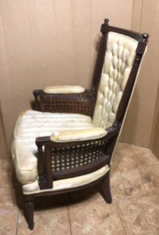 Wooden and Upholstered Chair, Tufted Back, Cane