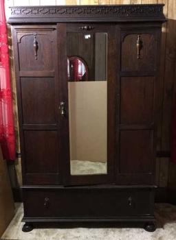 Antique Oak Wardrobe with Carved and Applied