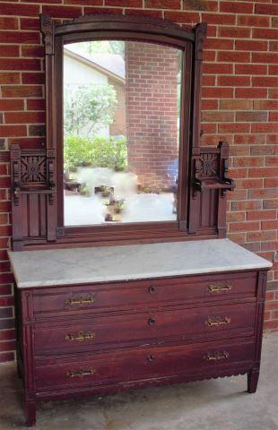 Antique Victorian Eastlake Marble Top 3-Drawer Chest w/Swing Mirror -