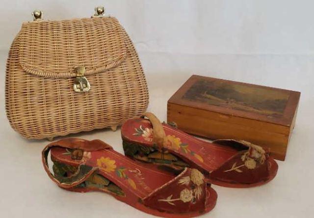 Straw Purse, Wooden shoes from the Philippines,