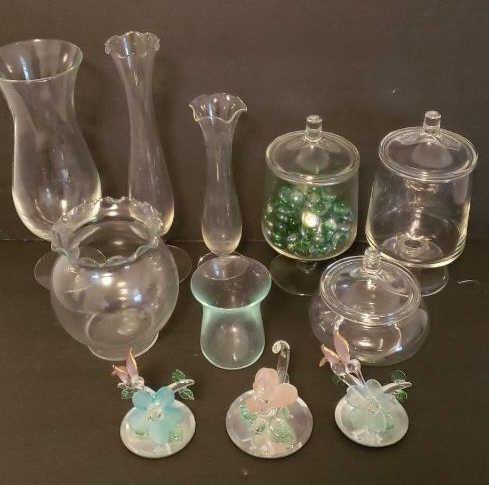 Assorted Glass Vases, Covered Dishes, Trinkets,