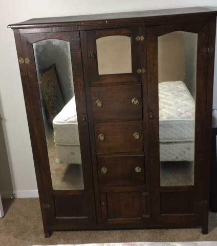 Depression Era Oak Wardrobe, Brass Hardware and