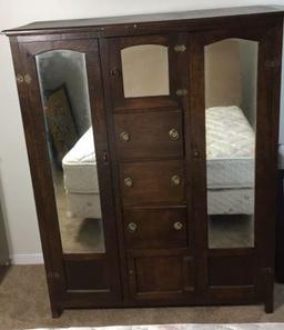 Depression Era Oak Wardrobe, Brass Hardware and