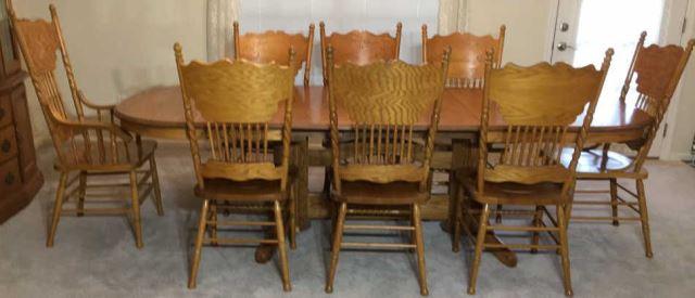 Oval Oak Dining Table & (8) Matching Pressed Back