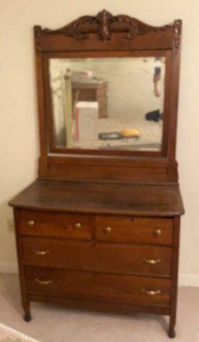 Antique Oak Dresser with Swing Beveled Mirror