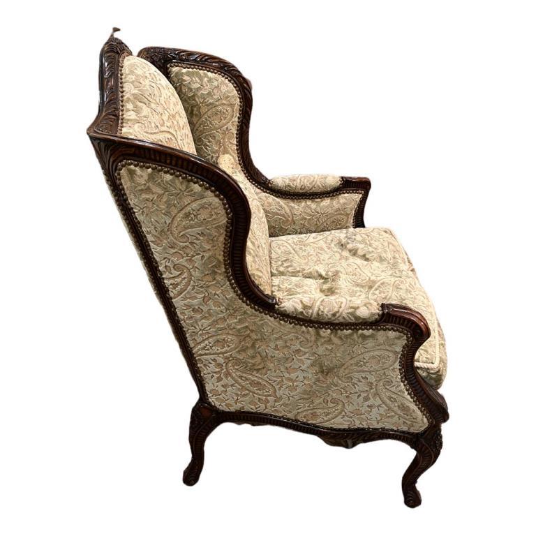 Upholstered Wing Chair with Carved Hardwood Frame