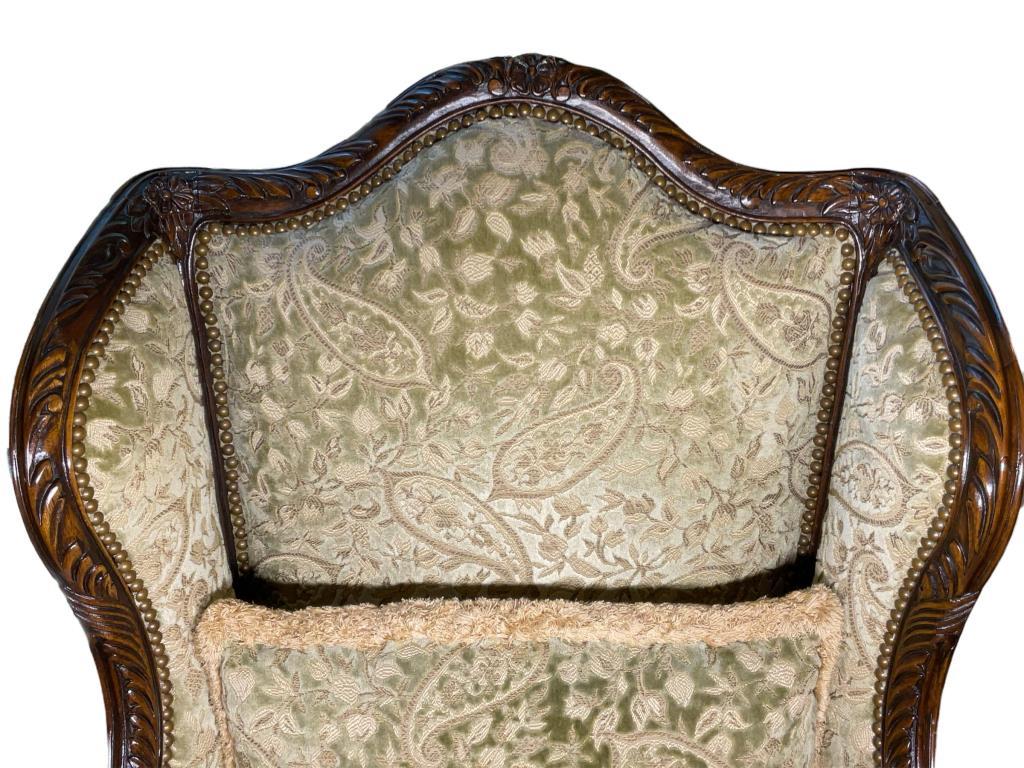 Upholstered Wing Chair with Carved Hardwood Frame