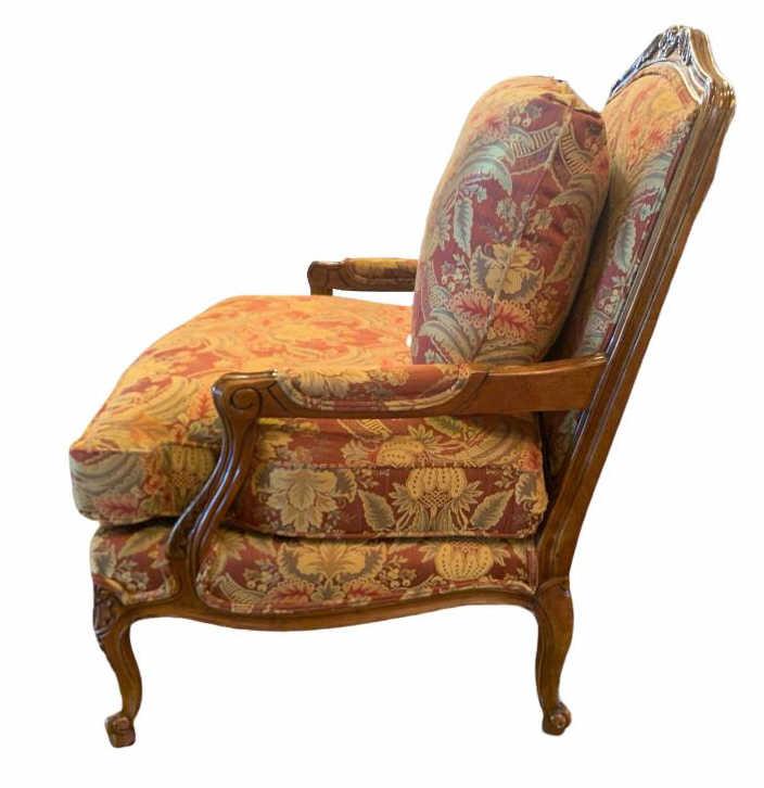 Carved Wood and Upholstered Arm Chair -