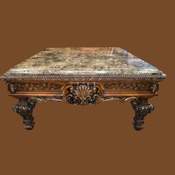 Ornately Carved Marble Top Coffee Table - 42"
