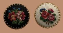 (2) Vintage Rose Petit Point Embroidered Brooches