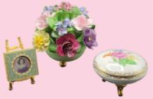 (3) Decorative Vanity Items: Porcelain Floral