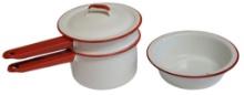 Red and White Enamel Double Boiler with Lid,